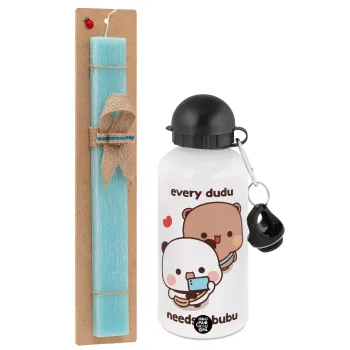 Every Dudu needs a bubu, Easter Set, metallic aluminum water bottle (500ml) & scented flat candle (30cm) (TURQUOISE)