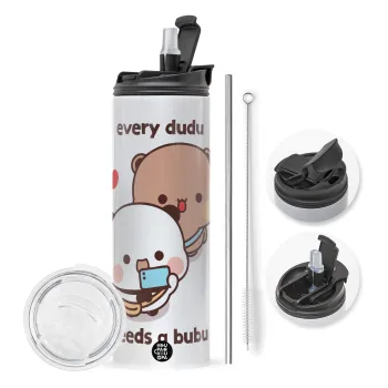 Every Dudu needs a bubu, Travel Tumbler θερμό με διπλό καπάκι, μεταλλικό καλαμάκι και βούρτσα καθαρισμού (Ανωξείδωτο 304 Food grade, BPA free, 600ml)