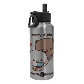 Every Dudu needs a bubu, Μεταλλικό παγούρι θερμός Silver με καλαμάκι και χερούλι (Stainless steel), διπλού τοιχώματος, 950ml