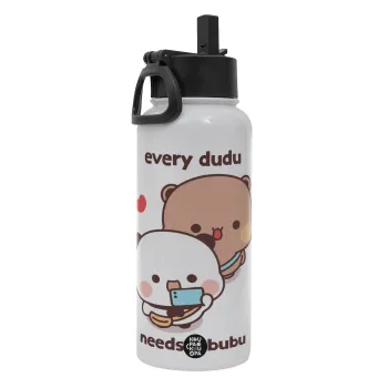 Every Dudu needs a bubu, Μεταλλικό παγούρι θερμός Λευκό με καλαμάκι και χερούλι (Stainless steel), διπλού τοιχώματος, 950ml