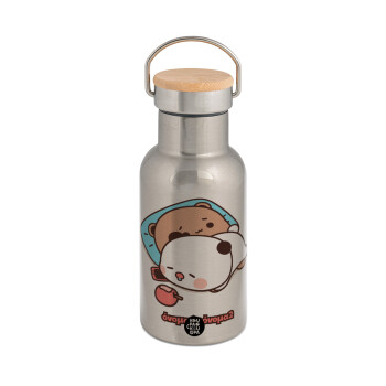 bubu + dudu, Stainless steel metallic thermos flask, silver with a bamboo lid, double-walled, 350ml.