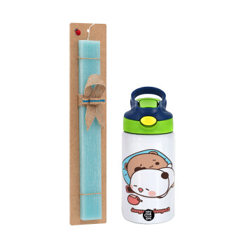bubu + dudu, Easter Set, Children's thermal stainless steel bottle with safety straw, green/blue (350ml) & aromatic flat Easter candle (30cm) (TURQUOISE)