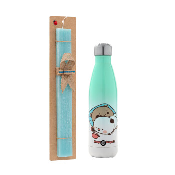 bubu + dudu, Easter Set, Metallic green/white thermos (Stainless steel), double-walled, 500ml & scented flat Easter candle (30cm) (TURQUOISE)
