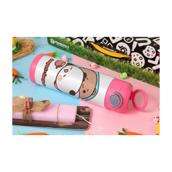 bubu + dudu, Easter candle, Childrens hot water bottle, stainless steel, with safety straw, PINK (500ml)