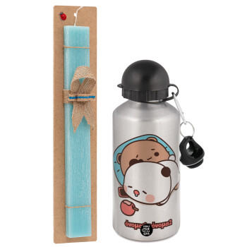 bubu + dudu, Easter Set, metallic silver aluminum water bottle (500ml) & scented flat Easter candle (30cm) (TURQUOISE)