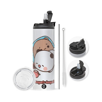 bubu + dudu, Travel Tumbler 2 Lids, with metal straw & cleaning brush (Stainless steel 304 Food grade, BPA free, 600ml)