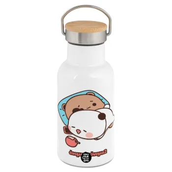 bubu + dudu, Metallic thermos (Stainless steel) White with wooden lid (bamboo), double-walled, 350ml