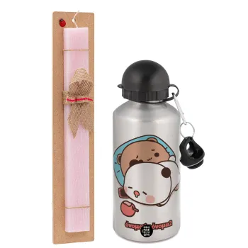 bubu + dudu, Easter Set, metallic Silver aluminum water bottle (500ml) & scented flat Easter candle (30cm) (PINK)