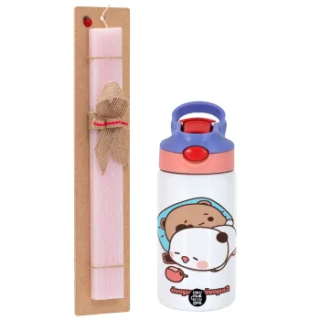 bubu + dudu, Easter Set, Children's thermal stainless steel water bottle with safety straw, pink/purple (350ml) & Easter scented flat candle (30cm) (PINK)