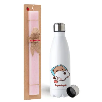 bubu + dudu, Easter Set, metallic stainless steel water bottle (750ml) & scented flat Easter candle (30cm) (PINK)