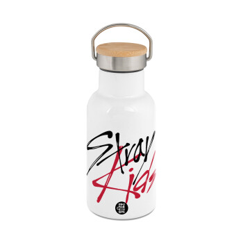 Stray Kids, Μεταλλικό παγούρι θερμός (Stainless steel) Λευκό με ξύλινο καπακι (bamboo), διπλού τοιχώματος, 350ml