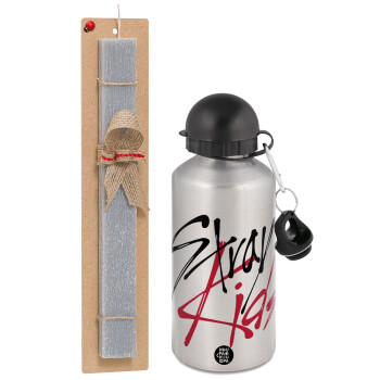 Stray Kids, Easter Set, metallic silver aluminum water bottle (500ml) & aromatic flat Easter candle (30cm) (GRAY)