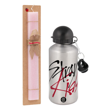 Stray Kids, Easter Set, metallic Silver aluminum water bottle (500ml) & scented flat Easter candle (30cm) (PINK)