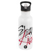 White water bottle with straw, stainless steel 600ml