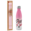 Easter Set, Metallic pink/white (Stainless steel) thermos, double-walled, 500ml & aromatic flat Easter candle (30cm) (PINK)