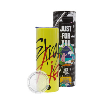 Stray Kids, Neon Yellow Travel Tumbler, with metal straw (Stainless steel 304 Food grade, BPA free, 600ml)