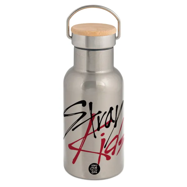 Stray Kids — Stainless steel metallic thermos flask, silver with a bamboo lid, double-walled, 350ml.