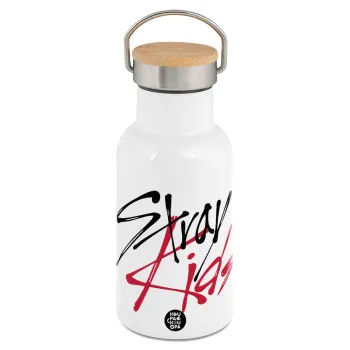 Stray Kids, Μεταλλικό παγούρι θερμός (Stainless steel) Λευκό με ξύλινο καπακι (bamboo), διπλού τοιχώματος, 350ml
