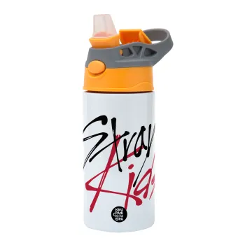 Stray Kids, Children's hot water bottle, stainless steel, with safety straw, Orange/Grey (360ml) BPA-FREE