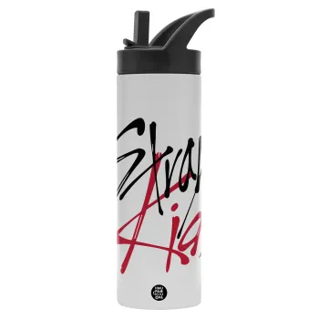 Stray Kids, Μεταλλικό παγούρι θερμός με καλαμάκι & χειρολαβή, ανοξείδωτο ατσάλι (Stainless steel 304), διπλού τοιχώματος, 600ml