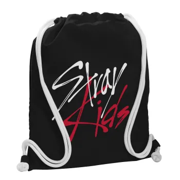 Stray Kids, Τσάντα πλάτης πουγκί GYMBAG Μαύρη, με τσέπη (40x48cm) & χονδρά λευκά κορδόνια
