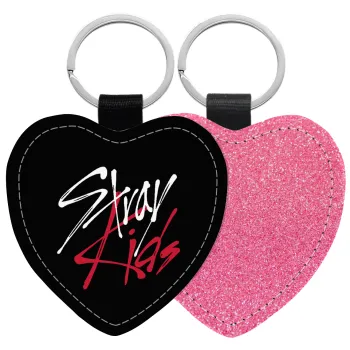 Stray Kids, Μπρελόκ PU δερμάτινο glitter καρδιά ΡΟΖ