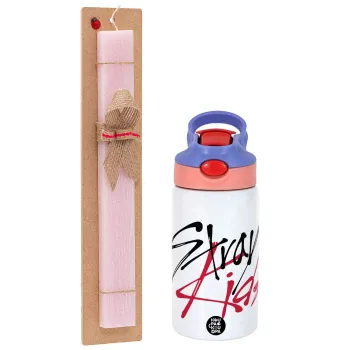 Stray Kids, Easter Set, Children's thermal stainless steel water bottle with safety straw, pink/purple (350ml) & Easter scented flat candle (30cm) (PINK)