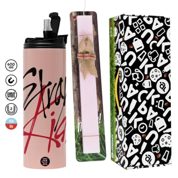 Stray Kids, Easter candle,Travel Tumbler 2 Lids, with metal straw & cleaning brush & aromatic flat candle (30cm) (PINK)
