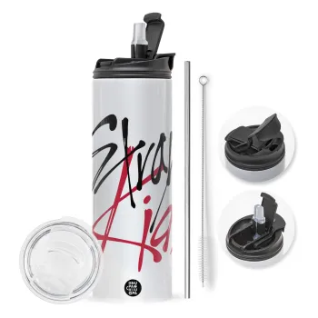 Stray Kids, Travel Tumbler θερμό με διπλό καπάκι, μεταλλικό καλαμάκι και βούρτσα καθαρισμού (Ανωξείδωτο 304 Food grade, BPA free, 600ml)