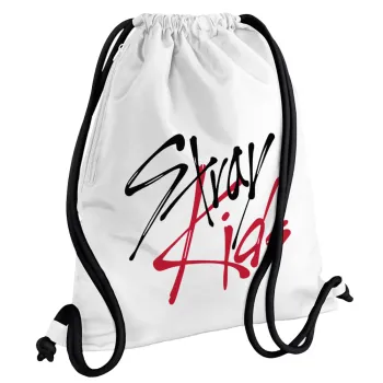 Stray Kids, Τσάντα πλάτης πουγκί GYMBAG λευκή, με τσέπη (40x48cm) & χονδρά κορδόνια