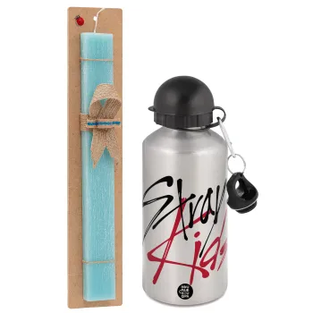 Stray Kids, Easter Set, metallic silver aluminum water bottle (500ml) & scented flat Easter candle (30cm) (TURQUOISE)