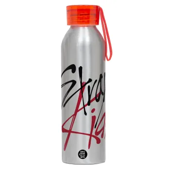 Stray Kids, Aluminum Sports Bottle 650ml – Silver with Red Cap and Silicone Strap