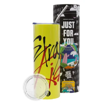 Stray Kids, Neon Yellow Travel Tumbler θερμό, μεταλλικό καλαμάκι(Ανωξείδωτο 304 Food grade, BPA free, 600ml)