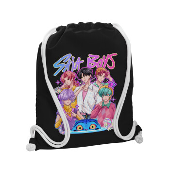 Huntrix Saja Boys, Τσάντα πλάτης πουγκί GYMBAG Μαύρη, με τσέπη (40x48cm) & χονδρά λευκά κορδόνια