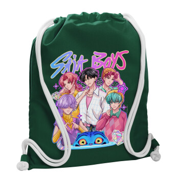 Huntrix Saja Boys, Τσάντα πλάτης πουγκί GYMBAG BOTTLE GREEN, με τσέπη (40x48cm) & χονδρά λευκά κορδόνια