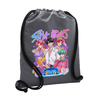 Huntrix Saja Boys, Τσάντα πλάτης πουγκί GYMBAG ΓΚΡΙ, με τσέπη (40x48cm) & χονδρά κορδόνια