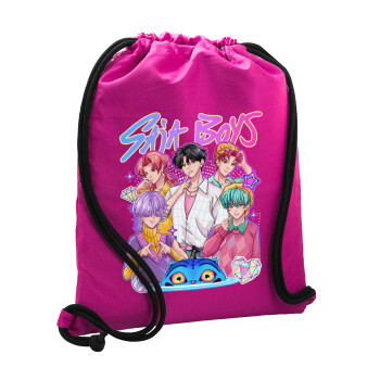 Huntrix Saja Boys, Τσάντα πλάτης πουγκί GYMBAG Φούξια, με τσέπη (40x48cm) & χονδρά κορδόνια