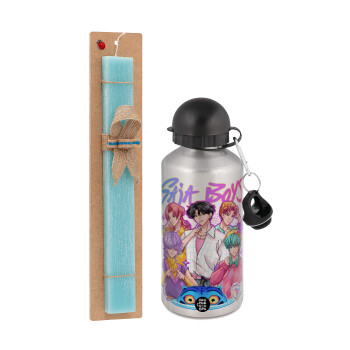 Huntrix Saja Boys, Πασχαλινή Λαμπάδα με παγούρι μεταλλικό Ασημένιο αλουμινίου (500ml) & κερί αρωματικό πλακέ (30cm) (ΤΙΡΚΟΥΑΖ)