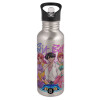 Water bottle Silver with straw, stainless steel 600ml