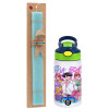 Easter Set, Children's thermal stainless steel bottle with safety straw, green/blue (350ml) & aromatic flat Easter candle (30cm) (TURQUOISE)