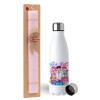 Easter Set, metallic stainless steel water bottle (750ml) & scented flat Easter candle (30cm) (PINK)