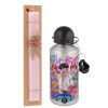 Easter Set, metallic Silver aluminum water bottle (500ml) & scented flat Easter candle (30cm) (PINK)