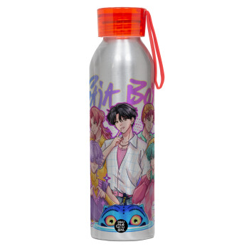 Huntrix Saja Boys, Αλουμινένιο Αθλητικό Μπουκάλι 650ml – Ασημί με Κόκκινο Καπάκι και Λουράκι Σιλικόνης