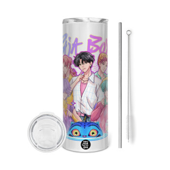 Huntrix Saja Boys, Tumbler ποτήρι θερμό από ανοξείδωτο ατσάλι 600ml, με μεταλλικό καλαμάκι & βούρτσα καθαρισμού