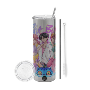 Huntrix Saja Boys, Tumbler ποτήρι θερμό Ασημένιο από ανοξείδωτο ατσάλι 600ml, με μεταλλικό καλαμάκι & βούρτσα καθαρισμού