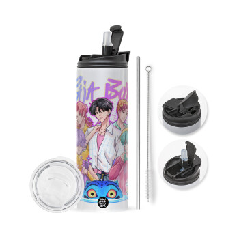 Huntrix Saja Boys, Travel Tumbler 2 Lids, with metal straw & cleaning brush (Stainless steel 304 Food grade, BPA free, 600ml)