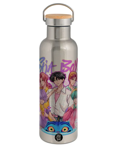 Huntrix Saja Boys — Stainless steel Silver with wooden lid (bamboo), double wall, 750ml