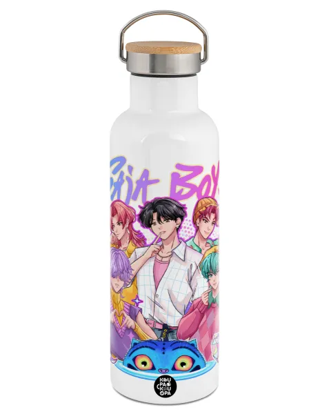 Huntrix Saja Boys — Stainless steel White with wooden lid (bamboo), double wall, 750ml