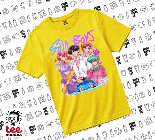 Huntrix Saja Boys — Κίτρινο Άνετο παιδικό T-Shirt από 100% βαμβάκι, για κάθε μέρα. Vegan & OEKO-TEX πιστοποιημένο.