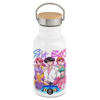 Huntrix Saja Boys, Μεταλλικό παγούρι θερμός (Stainless steel) Λευκό με ξύλινο καπακι (bamboo), διπλού τοιχώματος, 350ml